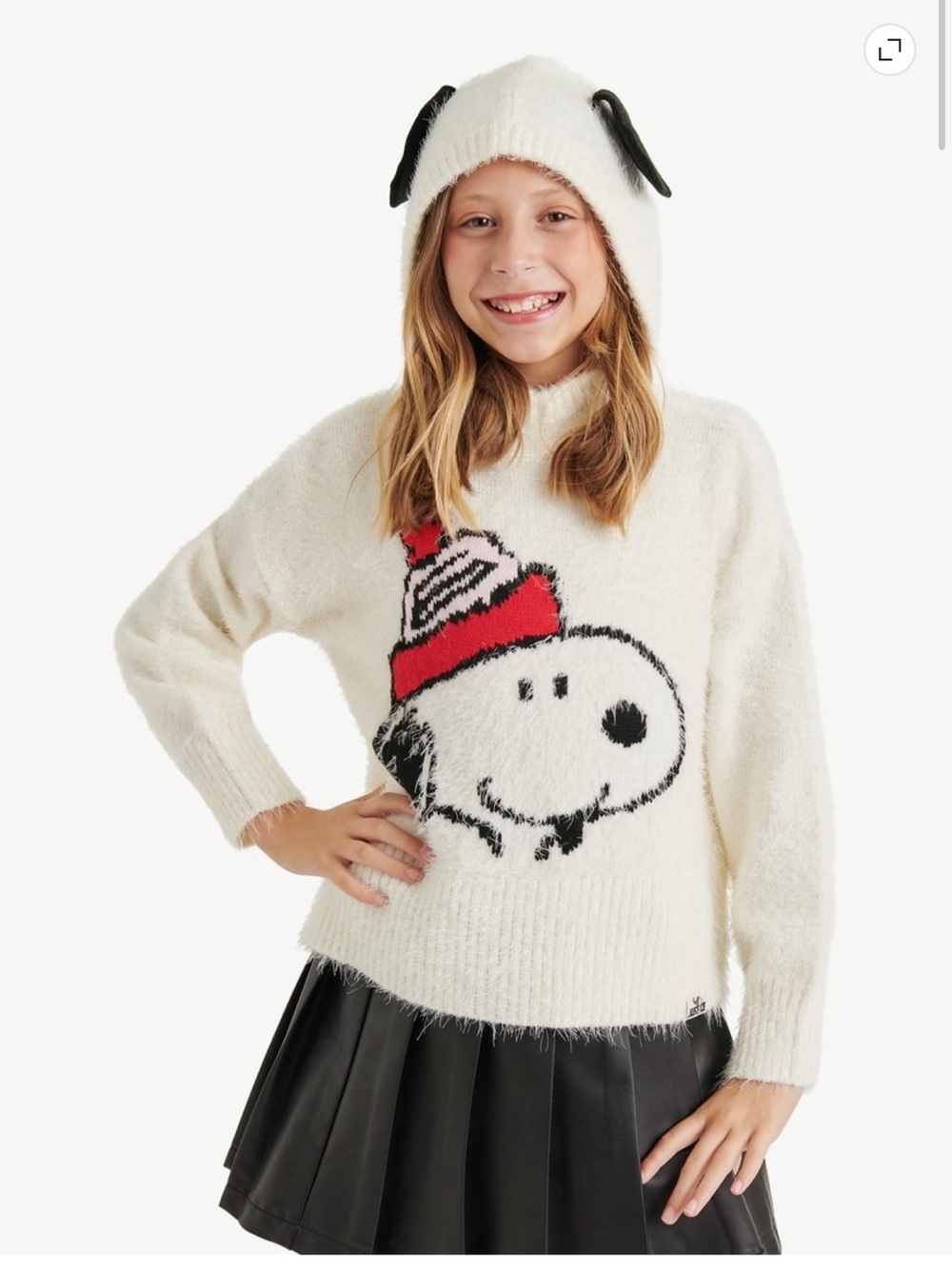 Justice Cream Snoopy Knit Sweater with Red Hat and Black Ear Hood